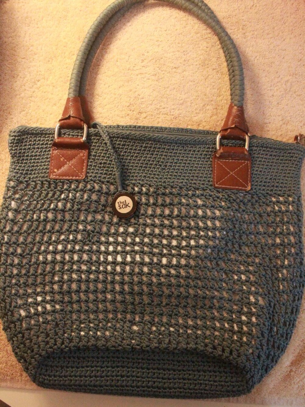 The Sak Slate Green Crochet Tote Bag with Brown Trim